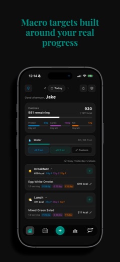 Rekko app — home dashboard showing calories, macros, and logged meals