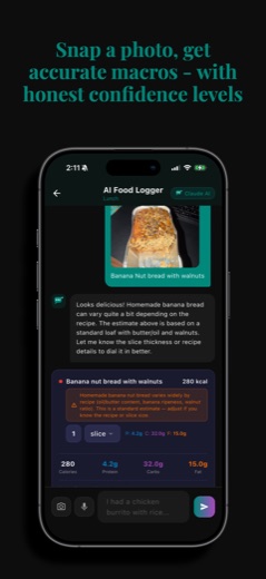 AI food logger estimating macros from a photo with a confidence note