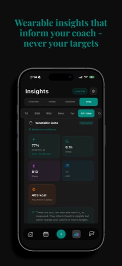 Wearable data screen showing recovery, sleep, steps, and HRV