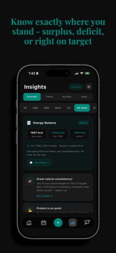 Energy balance screen showing intake versus estimated TDEE
